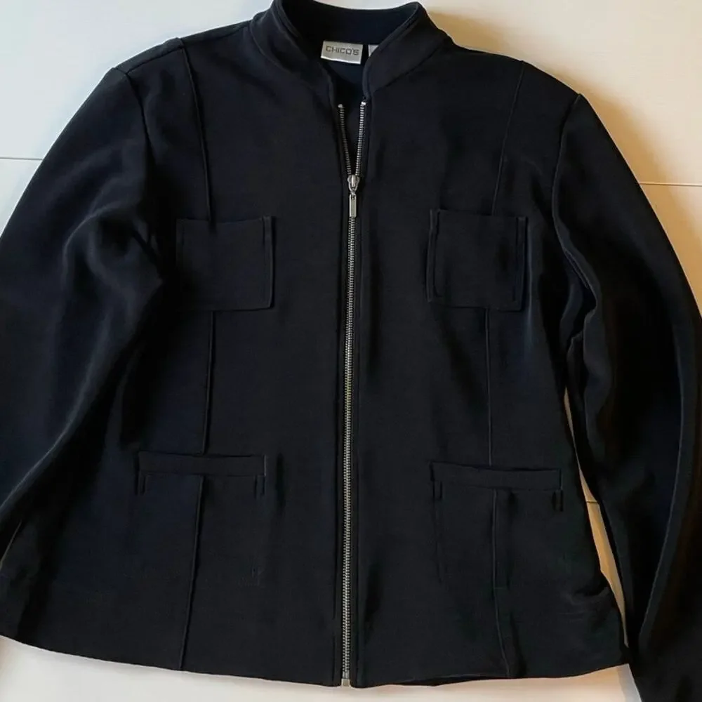Chico’s Full Zip Black Jacket Sz L Stretch Knit Minimalist Normcore Staple
